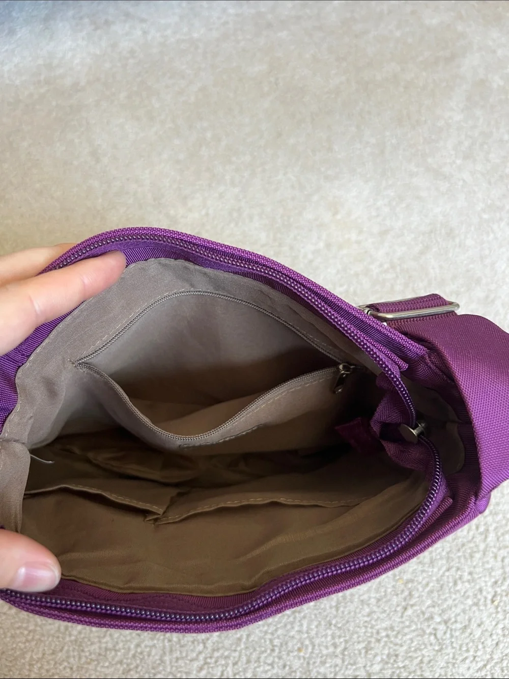 Compact Purple Crossbody Bag with Triple Front Zips